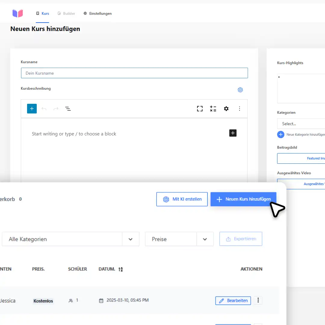 Webseitz kursplattform neue kurse erstellen